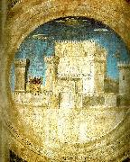 Piero della Francesca detail of the castle from st sigismund and sigismondo oil painting artist